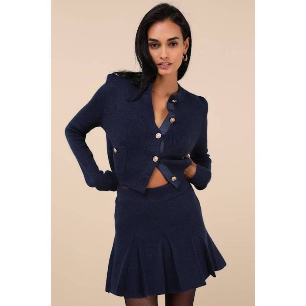 Lulus Most Adorable Vibes Navy Blue Knit Pleated High-rise Mini Skirt - Size M